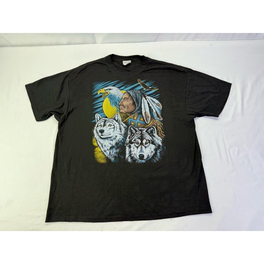 Hanes Heavyweight 50/50 Native American Wolf Black T-Shirt Size XL
